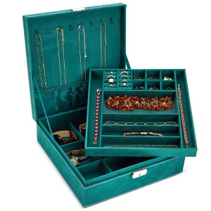Juvale Velvet Jewelry Box Organizer - Lockable 2 Layer Travel Case, Earrings Storage with Removable Tray for Women, Men (Green) - 1 of 4