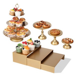 7-Piece Gold Metal Cake Stand Set, Dessert Table Display Set with 3 Sizes Round Pedestal Stands, Tiered Cupcake Holder & Display Risers for Party - 1 of 4