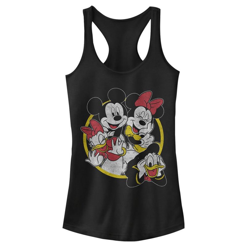 Juniors Womens Mickey & Friends Distressed Group Circle Racerback Tank Top, 1 of 6