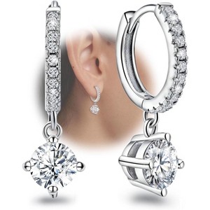 Sterling Silver Huggie Hoop Earrings with Dangling Charm & CZ, Trendy Hypoallergenic Small Loop Earrings - 1 of 4