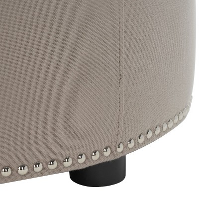 Transitional Round Beige Linen Ottoman with Nailhead Trim