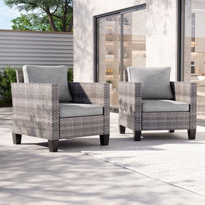 Sonkuki 2PCS Patio Single Sofas Outdoor Wicker Rattan Furniture Set w/ Soft Cushions for Garden Yard Porch