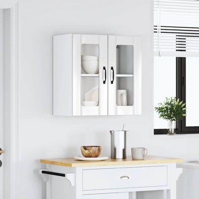 CLIHOME 2 Doors Contemporary Kitchen Wall Storage Cabinet Engineered Wood and Glass