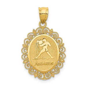 Black Bow Jewelry 14k Yellow Gold Filigree Oval Aquarius the Water Bearer Pendant, 20mm - 1 of 4