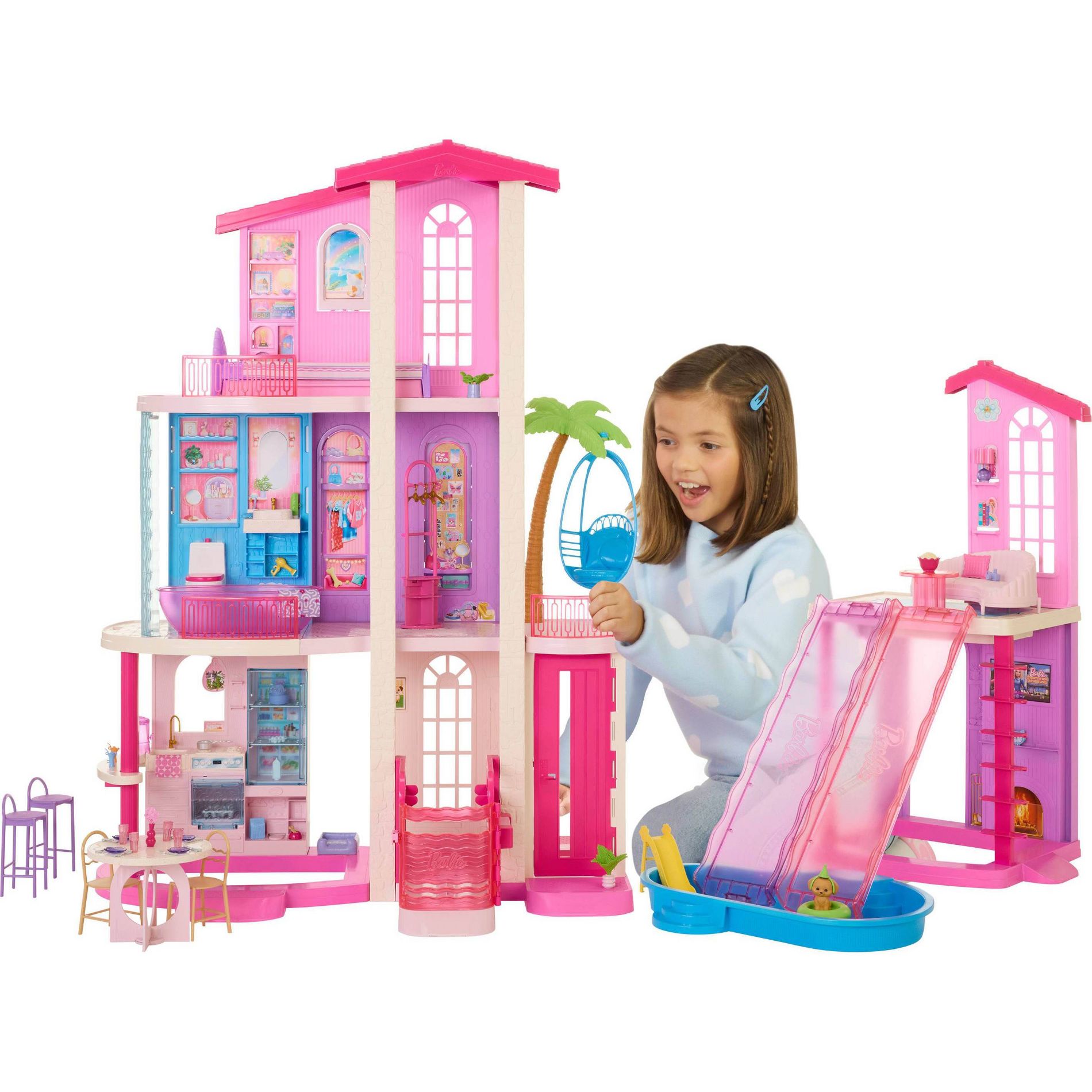 Barbie DreamHouse Dollhouse 2026, 2 Pools, 2 Slides, 2 Houses, Elevator with 3 Levels & 65+ Pieces Including Furniture & Accessories