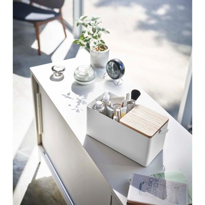 White Steel and Wood Makeup Organizer with Mirror and Handle