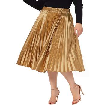 Agnes Orinda Women's Plus Size Pleated Stretched High Waist Metallic Shiny Midi Circle Skirts