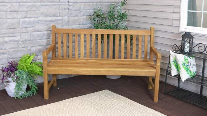 Sunnydaze Outdoor Solid Teak Wood with Light Stained Finish Patio Garden Bench Seat - 60" - Light Brown, 2 of 13, play video