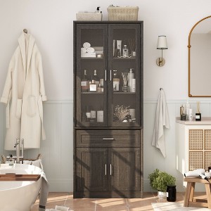 Famapy Tall Bathroom Storage Cabinet,Freestanding  Storage Unit with Glass Doors,Anti-Tip Design,for Small Spaces, Dark - 1 of 4