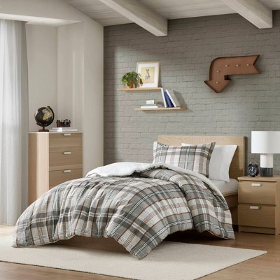 Tan and Gray Plaid Microfiber Twin Bedspread Cover Set