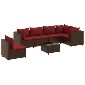 vidaXL Patio Lounge Set with Cushions - Outdoor Garden Sectional Sofa 7-Piece Brown Poly Rattan/Steel, Cinnamon Red Cushions, Modular Design - 1 of 4