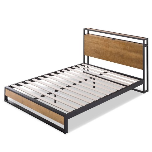 Suzanne Metal And Wood Platform Bed Frame With Headboard Shelf 