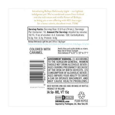 Bailey's Deliciously Light Irish Cream Liqueur - 750ml Bottle