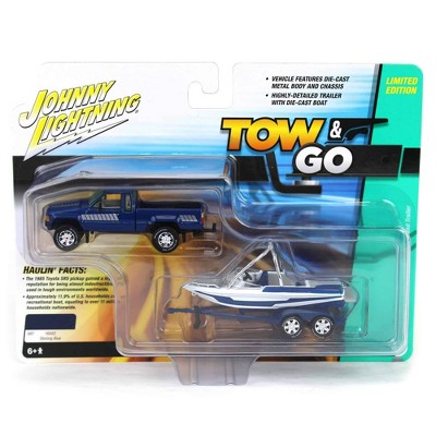 Johnny Lightning 1985 Toyota SR5 Pickup w/Malibu Speed Boat Trailer Hulls & Haulers