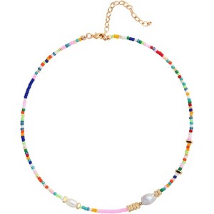 Women & Teens Freshwater Pearl Choker Necklace, Colorful Beaded Evil Eye Pendant 18K Gold Plated Adjustable Y2K Trendy Gift - 1 of 4