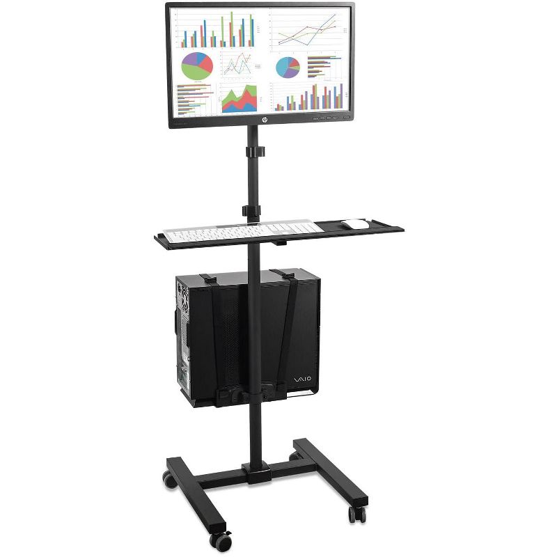 Mount-It! Height Adjustable Rolling Computer Cart, Mobile Workstation with Tray Monitor Mount and CPU Holder for Office and Industrial Use, Black, 3 of 12