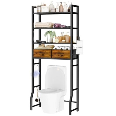 Simple Trending 4 Tier Over The Toilet Storage with Drawers, Heavy Duty Bathroom Stand Organizer Metal Shelves for Laundry, Black