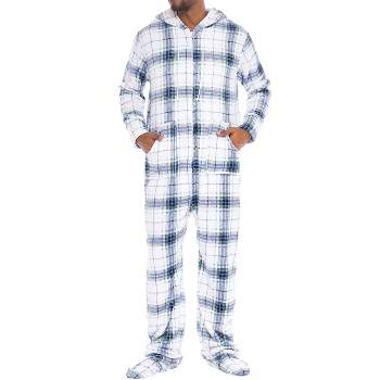 Men's Warm Fleece One Piece Hooded Footed Zipper Pajamas Set, Soft Adult Onesie Footie with Hood for Winter