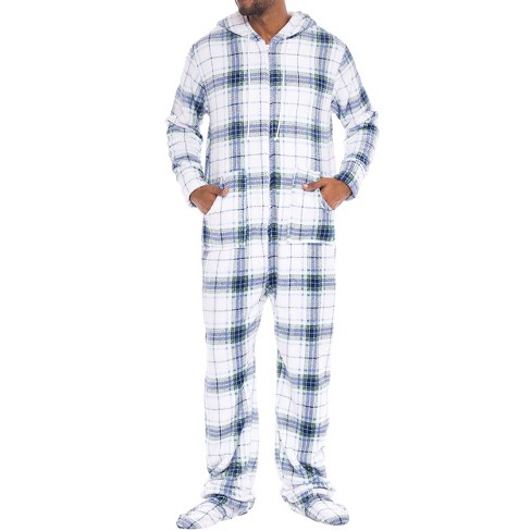 Adr Men's Hooded Footed Adult Onesie Pajamas Set, Plush Winter Pjs With  Hood Blue On White Plaid Footed Large Tall : Target
