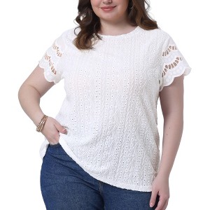 Agnes Orinda Women's Plus Size Round Neck Short Sleeve Lace Panel Dressy Eyelet Summer Casual T-Shirts - 1 of 4