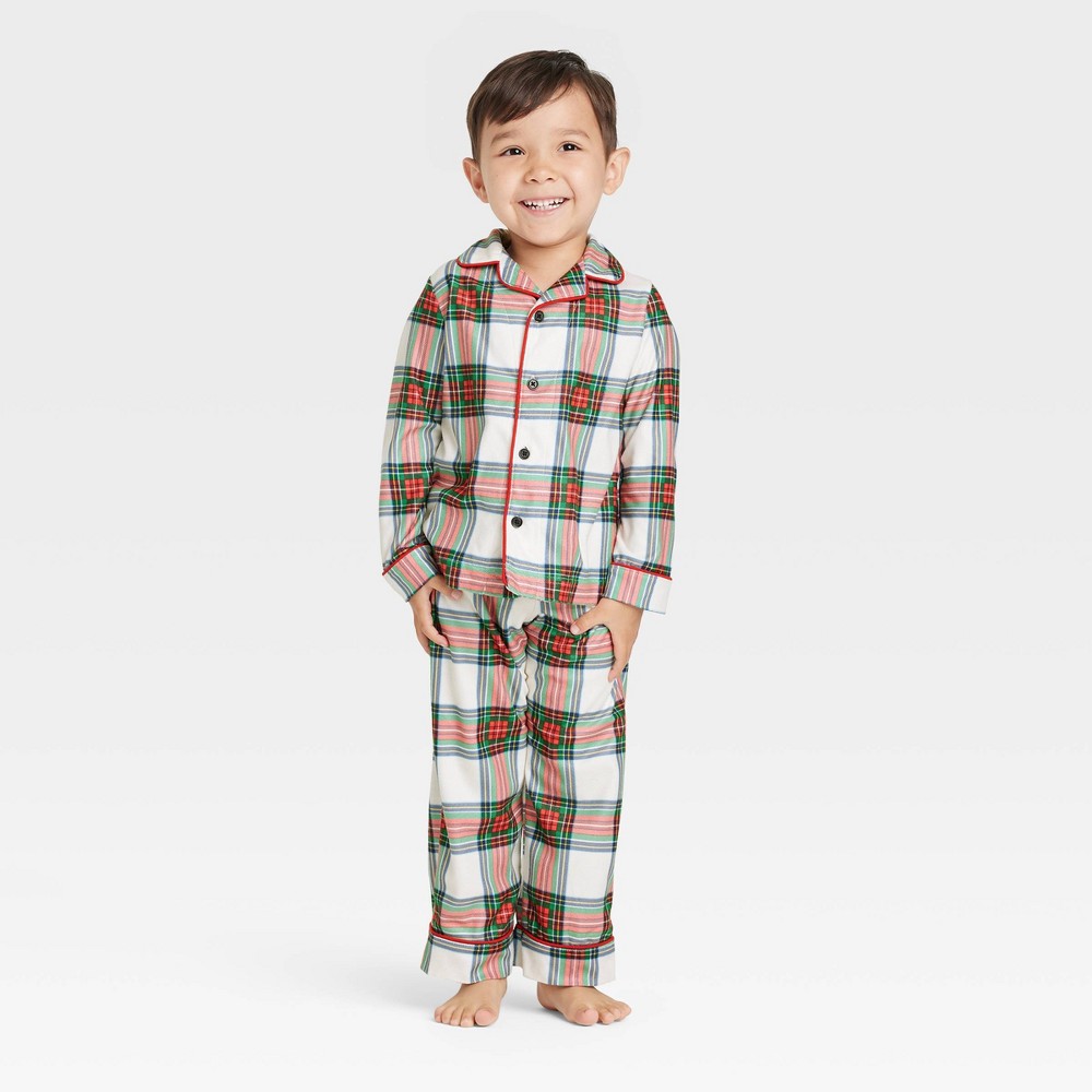 Toddler Holiday Tartan Plaid Matching Family Pajama Set - Wondershop Cream 3T