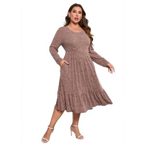 Plus Size Women's Ribbed Knit Maxi Dress - High Waist, Side Pockets, Round Neck Long Ankle-Length Dress - 1 of 4