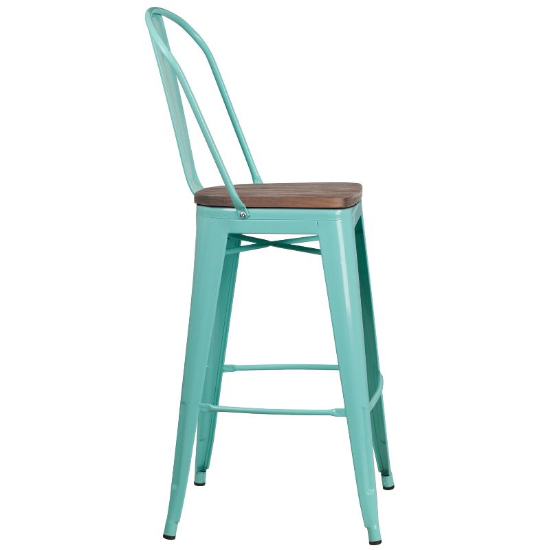 Merrick Lane 30" Metal Indoor-Outdoor Counter Stool with Vertical Slat Back, Integrated Footrest and Wood Seat, 6 of 8