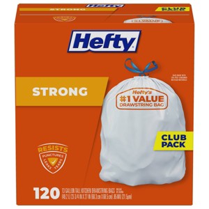 Hefty Strong Tall Kitchen Drawstring Trash Bags - 13gal/120ct - 1 of 4