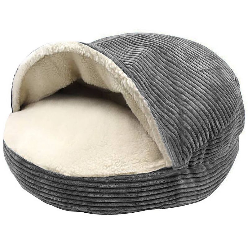 Precious Tails Cozy Corduroy Faux Shearling Lined Cave Dog Bed - Gray, 1 of 4