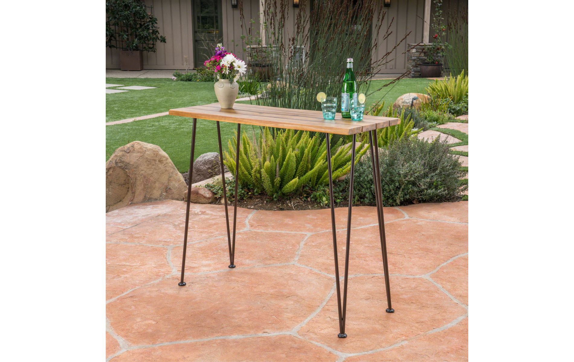 Brown Modern Outdoor Industrial Rectangular Counter Height  Dining Bar Table,Patio Bistro Porch Teak Finished Table with Hairpin Legs-Cuddlewood