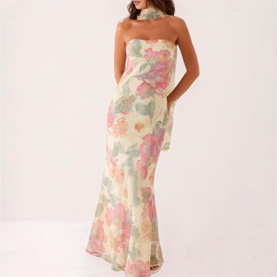 Clotth Women's Floral Off-Shoulder Bodycon Dress - Summer Slim Fit, Long Mesh Layer with Scarf for Weddings and Cocktail Parties