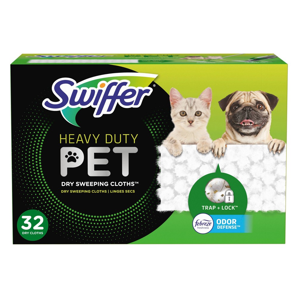 (Case of 2)Swiffer Sweeper Pet Heavy Duty Multi-Surface Dry Cloth Refills for Floor Sweeping and Cleaning - 32ct