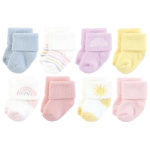 Hudson Baby Infant Girl Cotton Rich Newborn and Terry Socks, Pastel Sun And Rainbow - 1 of 4