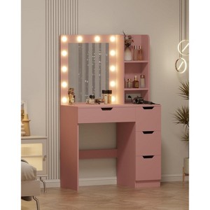 Vanity Desk with Mirror and Adjustable Lights, Makeup Vanity Desk with 4 Drawers, Built-in Power Outlet & USB, Makeup Table for Bedroom - 1 of 4