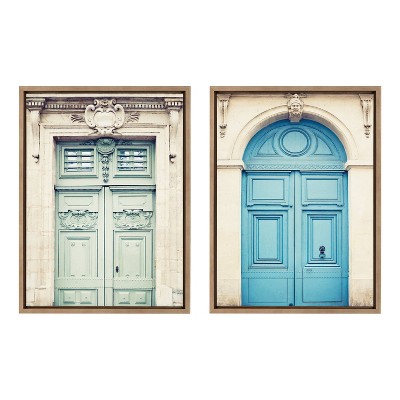 18" x 24" (Set of 2) Sylvie Classic Parisian Blue Paris Door by Caroline Mint Framed Wall Canvas Set Gold - Kate & Laurel All Things Decor