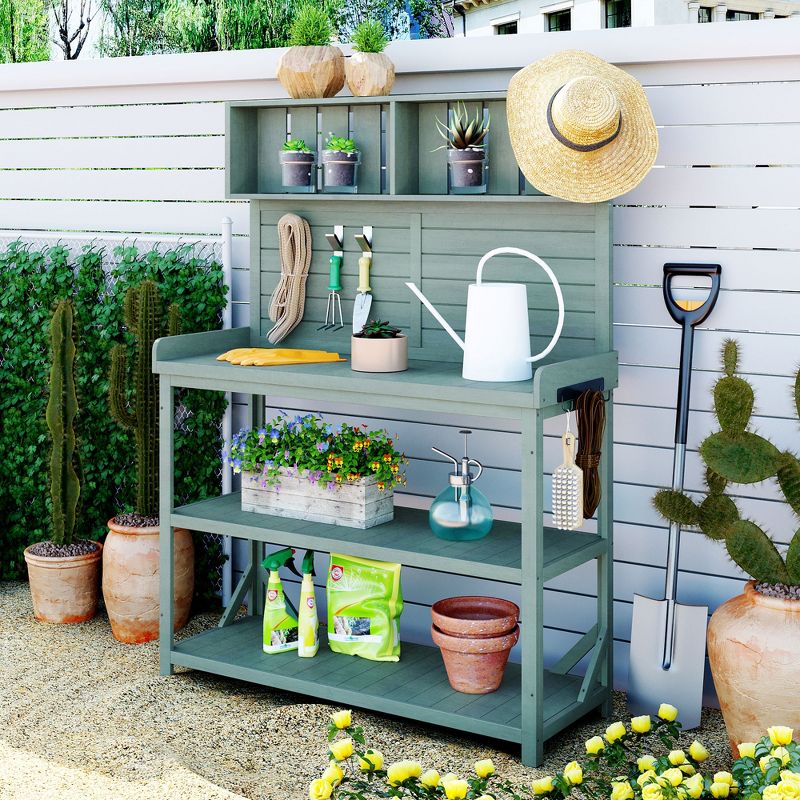 65" Tall Wooden Farmhouse Rustic Outdoor Potting Bench Table with 4 Storage Shelves and Side Hook, Patio Workstation - ModernLuxe, 1 of 14