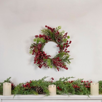 Artificial Frosted Red Berry and Pine Christmas Wreath, 16-Inch Unlit