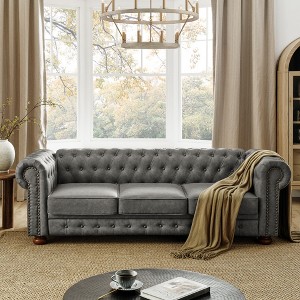 Tufted Linen/PU Upholstered Chesterfield 3-Seater Sofa with Scrolled Arms and Nailhead Trim, Classic Living Room Couch in Gray/Dark Gray - ModernLuxe - 1 of 4