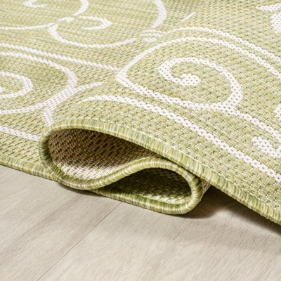 Boho-Chic Green and Cream Vintage Filigree 9' x 12' Indoor/Outdoor Rug