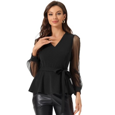 INSPIRE CHIC Women's Tie Waist Peplum Ruffle Hem Party V Neck Mesh Long Sleeve Blouse