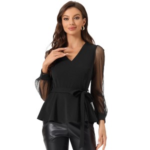 INSPIRE CHIC Women's Tie Waist Peplum Ruffle Hem Party V Neck Mesh Long Sleeve Blouse - 1 of 4