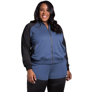 Poetic Justice Women's Plus Size Zip Up Conrast Blocked Sweatshirt Jacket - 1 of 4