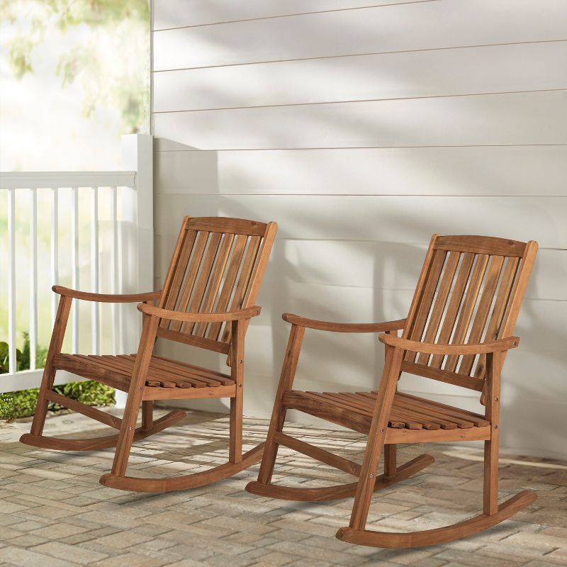 Perry Classic Slat-Back Acacia Wood Patio Outdoor Rocking Chair - JONATHAN Y, 6 of 10