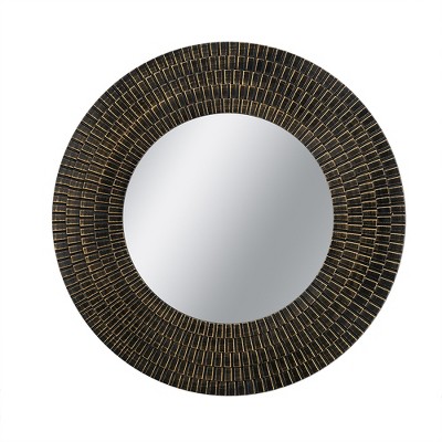 Dexmalle Round Black And Gold Wooden Accent Mirror With Woven Texture