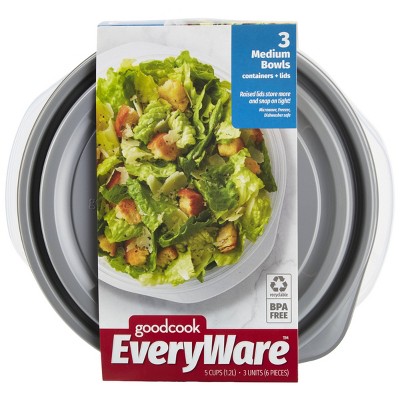 GoodCook EveryWare Round Bowls Food Storage Containers - 5 Cups - 6pcs/3ct - Gray