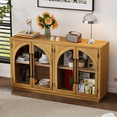 ORRD Natural Wood Sideboard, 4-Door Buffet Cabinet with Glass & Adjustable Shelves