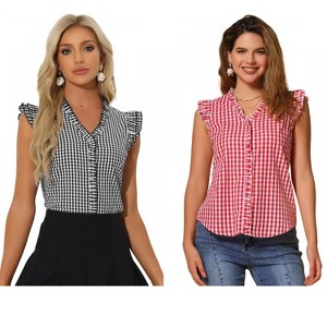 INSPIRE CHIC Women's Cap Sleeve Plaid Gingham Ruffle Shirt 2 Packs - 1 of 4