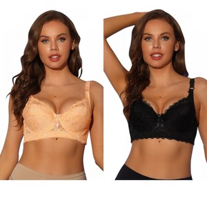 Allegra K Women's Breathable Underwired Lace Fixed Adjustable Straps Push-up 3/4 Cup Bralettes 2 Packs - 1 of 4