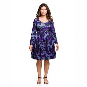 24seven Comfort Apparel Long Sleeve Empire Waist Dress in Purple Black Print - 1 of 3