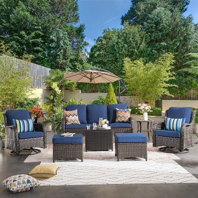 XIZZI Wicker Patio Furniture Set with 3-Seat Sofa, Swivel Rocking Armchairs & Ottomans & Side Table, Modular Sectional Outdoor Conversation Sofa Set